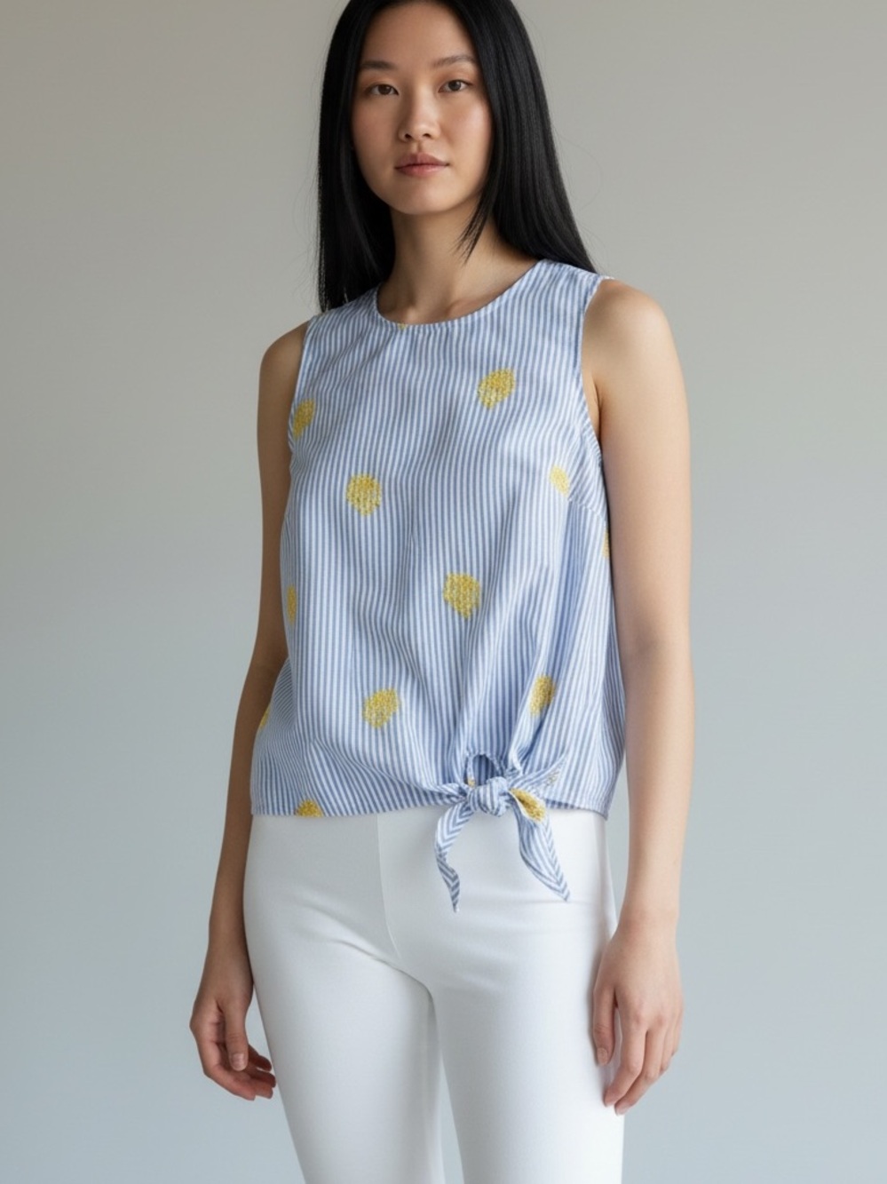 J Crew Blue White Striped Embroidered Pineapple Tank Blouse Side Tie Womens Size